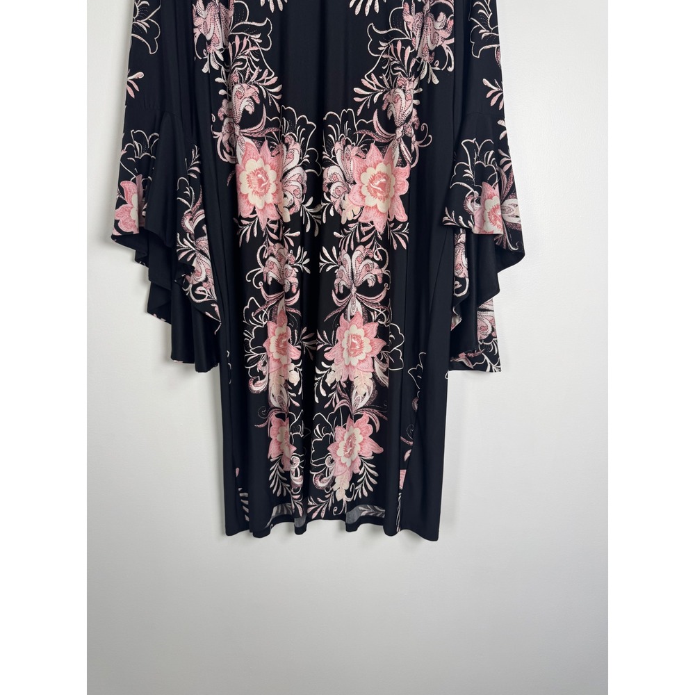 Boho MSK Women 2X Shift Dress Black Pink Floral Tiered Bell Sleeve Embroidered - Picture 8 of 9